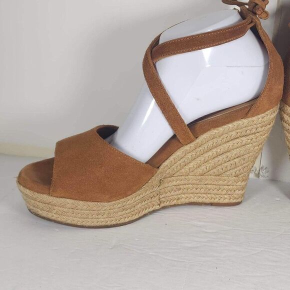 UGG WOMEN'S REAGAN US 11 CHESTNUT SUEDE STRAPPY PLATFORM WEDGE SANDALS - Picture 7 of 11